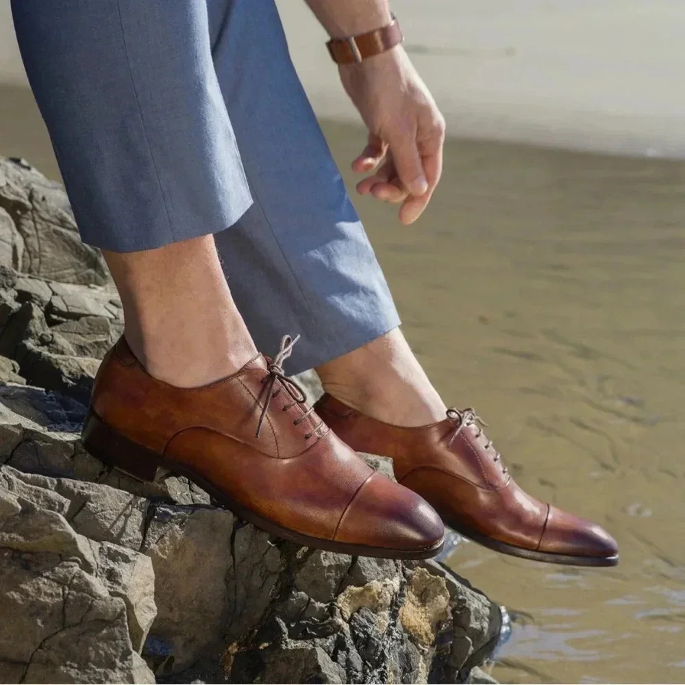 MAGNANNI Bolo Cognac Burnished Leather Cap-Toe Oxford‎ Sz 13
